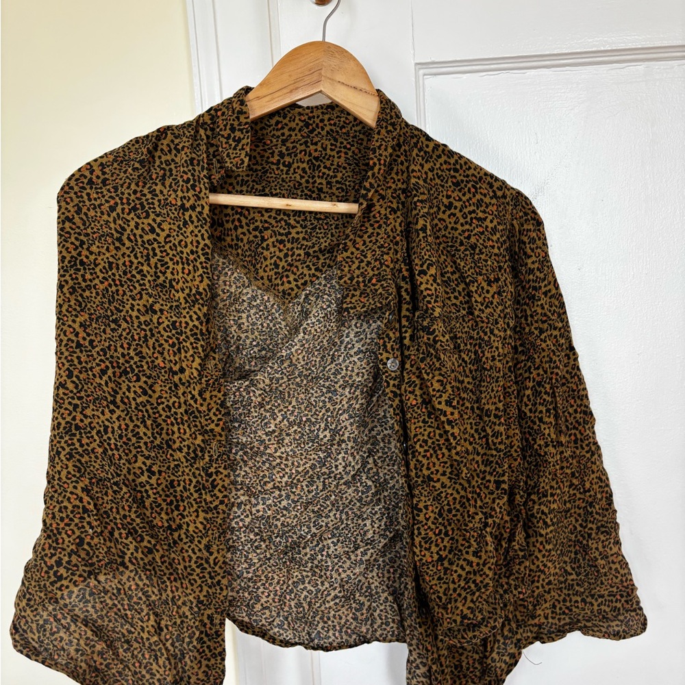 Leopard Print Sheer Button Up Blouse